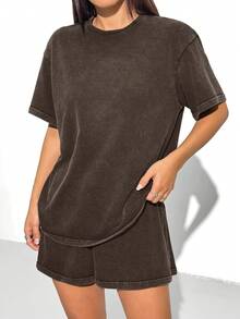 SHEIN EZwear 女士复古风T恤短裤两件套 - 棕色 - 查看 5
