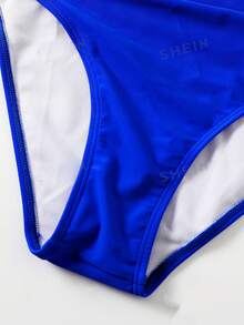 SHEIN Swim Áo tắm liền thân mùa hè dành cho nữ, màu trơn, xếp ly, hở lưng, buộc dây phía trước. - Xanh đậm - Xem 5