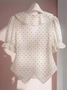SHEIN Franclia Women's Black Polka Dot Chiffon Blouse, Elegant Romantic Ruffle Hem V-Neck Ruffle Trim Puff Sleeve Casual Blouse, Fashionable For Summer ,Polka Dot Print Elegant Asymmetric Design Round Neck Blouse For Women,Women's Stylish And Elegant Polka Dot Print Blouse, Perfect For Holiday Vacations. Features An Asymmetrical Hem, A Sexy And Fashionable Backless Design, And A Black Polka Dot Blouse Style. A Sexy Vacation Top. Polka Dot Top Polka Dot Shirt Scarf Top,Lamini Women's Spring & Summer Casual Vacation Style Ruffled Layered Chiffon Polka Dot Print Waist Tie Shirt, Flattering Fit, Suitable For Beach Black & White Polka Dot Backless Cinched Waist Tank Top, Asymmetric Neckline, Versatile For Commuting, Vacation, Beach, Casual Dating, Summer - Apricot - View 2