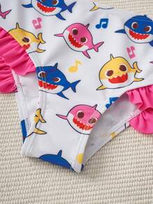 BABY SHARK X SHEIN 女童卡通印花荷叶边吊带背心式泳衣上装和三角泳裤套装 - 淺粉色 - 查看 6