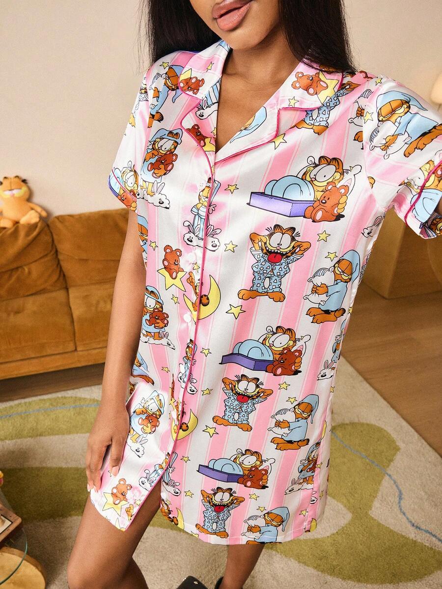 GARFIELD | SHEIN 女士短袖单排扣休闲睡袍 - 粉色 - 查看 1