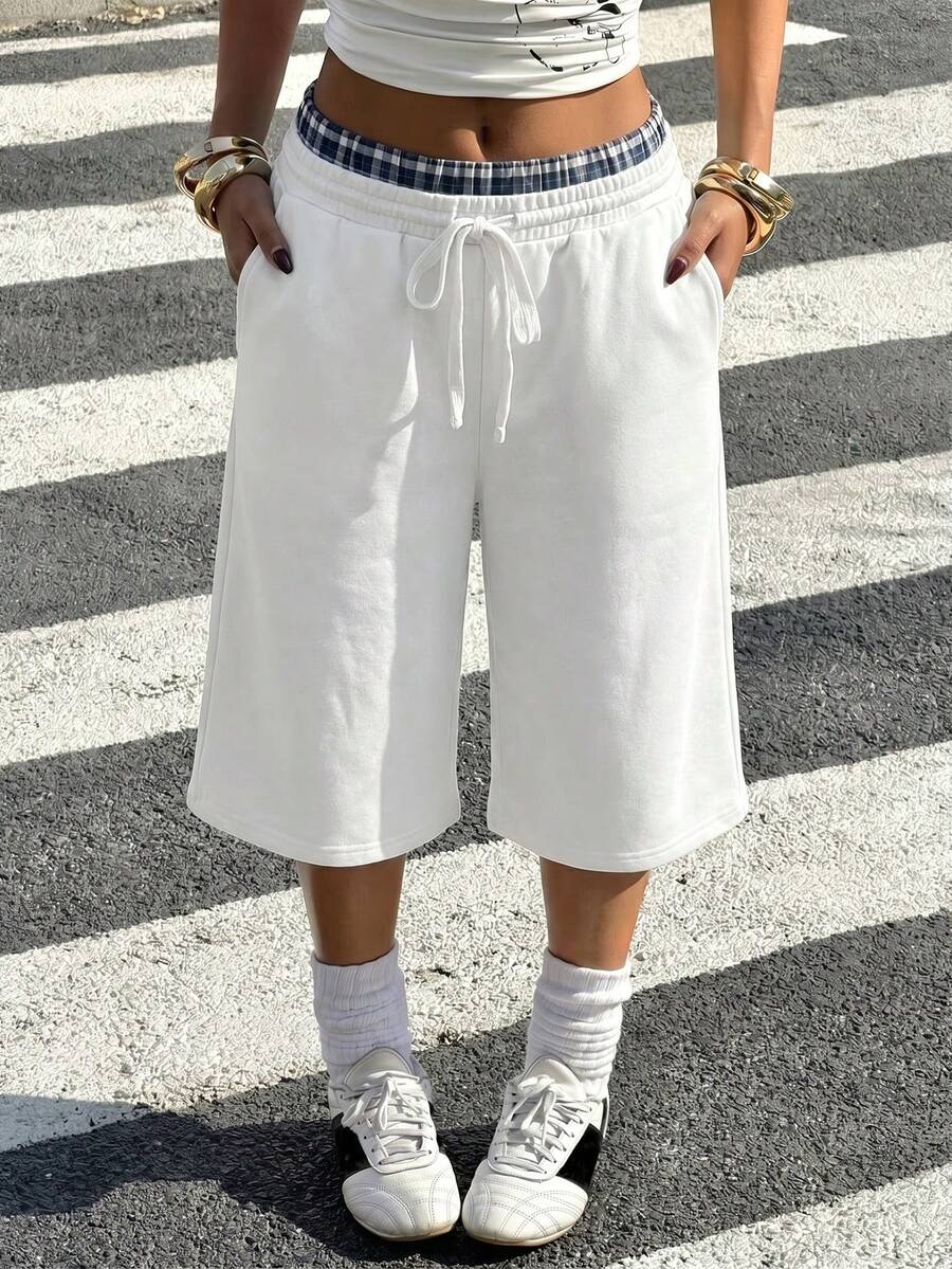 Muchica Women's Knit Casual Streetwear Sporty Bermuda Shorts, Spring/Summer City Break White And Blue Holiday Daily Club - White - View 1