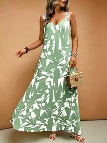 EMERY ROSE Plus Size Women Vacation Lace Trim Solid Color French Style Dress - Green - View 3