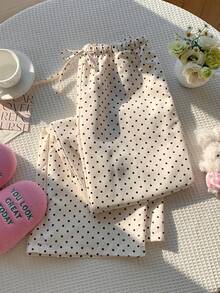 Comfortcana Plus Size Women Loose Apricot Polka Dot Knitted Drawstring Wide Leg Pants - Apricot - View 4