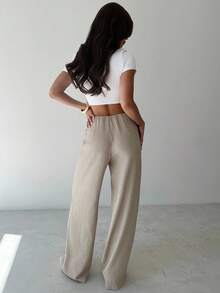 SHEIN Tall CURVE CURVE 大尺碼女款高個子卡其色夏季休閒寬腿長褲，綁帶高腰優雅長褲，適合度假、儀式與派對穿著 - 杏色 - 查看 12