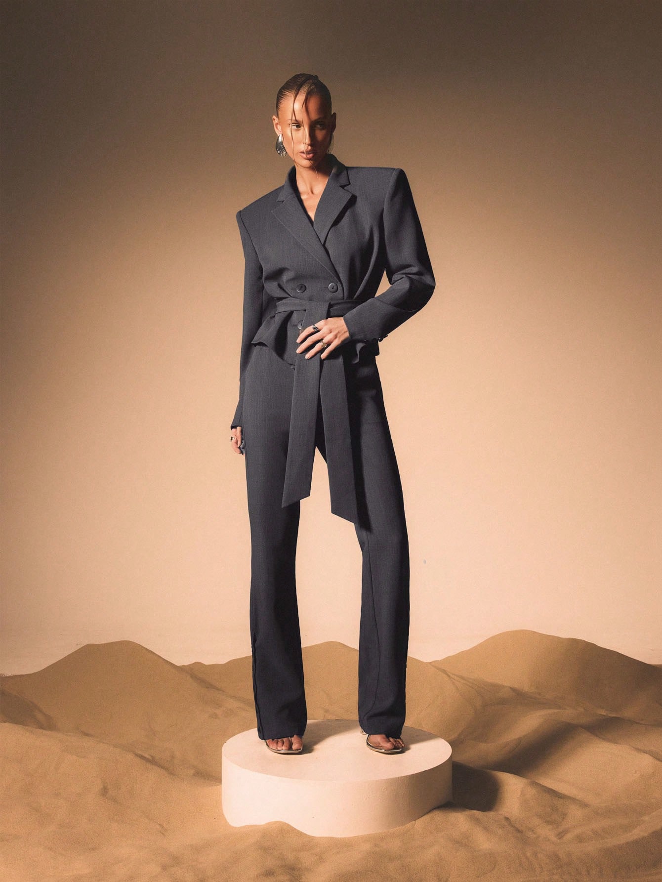 KIZN Double Breasted Belted Blazer With Lapels