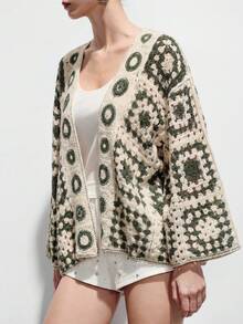 SHEIN Áo khoác cardigan dáng rộng tay cánh dơi khoét rỗng dành cho nữ - Màu xanh lá cây đậm - Xem 2