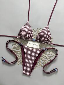 Swim Vcay Bộ bikini hai mảnh gợi cảm màu đỏ trắng kẻ caro buộc dây cổ, đính hạt cườm xanh, thích hợp cho kỳ nghỉ xuân/hè 2026. - Nhiều màu - Xem 6