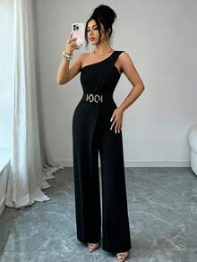 Elenzga Women's Metal Waist Design One-Shoulder Jumpsuit - Black - View 7