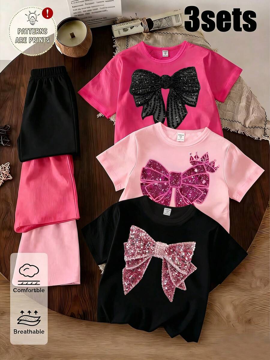 SHEIN 6pcs/Set Girls' Casual Light Pink,Summer,Birthday Fashion Glitter Bow Crown Print Short Sleeve T-Shirt And Shorts Sets,Rose Red Pink Black Outfits - Multicolor - View 1