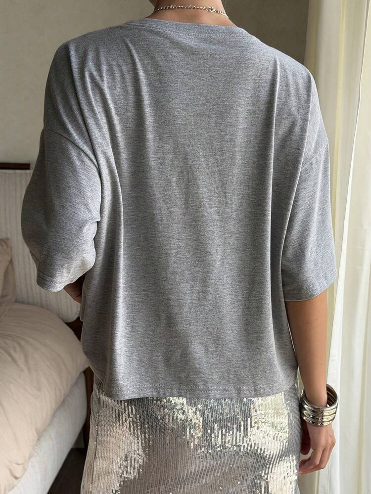 Women's Grey Loose Fit All-Match Casual T-Shirt, Suitable For Spring And Summer