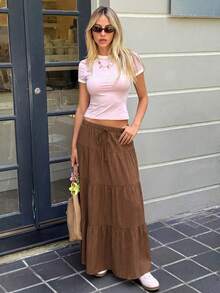 MainGRL Solid Textured Tiered Hem Skirt - Coffee Brown - View 4