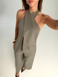 Firerie 女士优雅休闲通勤亚麻西装外套和阔腿裤两件套 / 不规则交叉衬衫上衣和宽松直筒裤套装，优雅套装，教师装 / 女士棕灰色亚麻修身腰部交叉衬衫裤两件套 / 女士两件套，适合妇女节 / 返校季 / 商务休闲女装 / 复古风女装 / 办公室着装 / 套装 / 女士社交西装外套 / 修身露背上衣 / 女士优雅休闲两件套 - 卡其色 - 查看 9