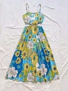 Vestido camisero retro de línea A y largo midi con impresión floral tropical verde, abertura lateral con lazo en la cintura, estilo vacacional - Multicolor - Ver 5