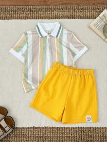 SHEIN 2pcs/Set Young Boy Casual Vacation Green Striped Short Sleeve Polo Shirt And Shorts Set, Young Boy Spring/Summer Outfits - Yellow - View 1