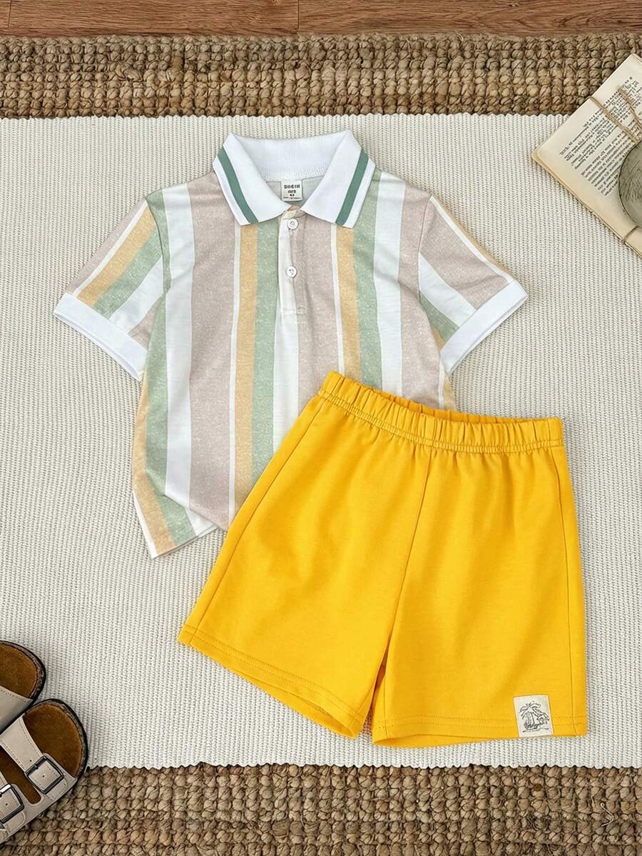 SHEIN 2pcs/Set Young Boy Casual Vacation Green Striped Short Sleeve Polo Shirt And Shorts Set, Young Boy Spring/Summer Outfits - Yellow - View 1