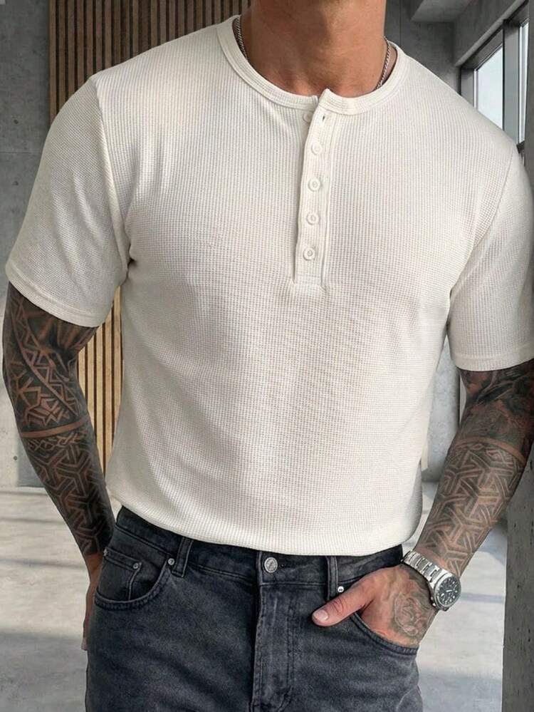 Men's Textured Solid Color Basic Half-Zip T-Shirt