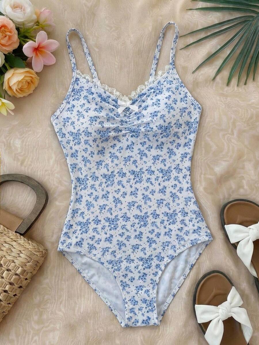 Tween Girl Ditsy Floral Ruched Front Bow One-Piece Swimsuit, Summer Beach Vacation - Baby Blue - View 1