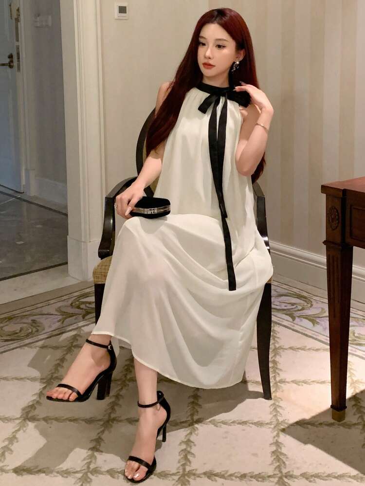Women's Contrast Color Bow Tie Sleeveless Elegant Korean Style Mid-Length Party Dress