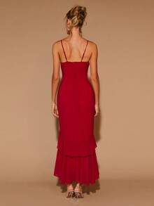 COSMINA Vestido largo de cuello redondo con volantes elegante para mujer, adecuado para citas, fiestas y todas las estaciones - Fiery Red - Ver 6