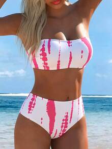 Swim Lushoire 2pcs/Set Women's Zebra Print Bandeau Bikini Set, Summer - Multicolor - View 1