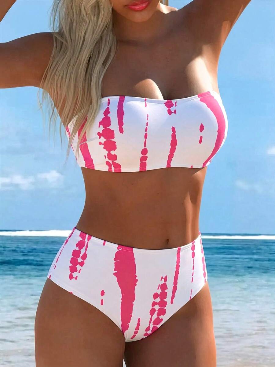 Swim Lushoire 2pcs/Set Women's Zebra Print Bandeau Bikini Set, Summer - Multicolor - View 1