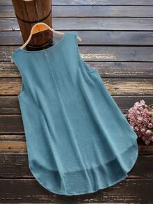 Linhara Plus Size Summer Casual Sleeveless Solid Color Shirt - Baby Blue - View 2
