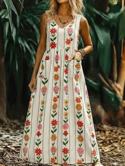 Zayélia Women's Summer V-Neck Sleeveless Printed Maxi Dress With Pockets, Casual Vacation Daily Outgoing Dress