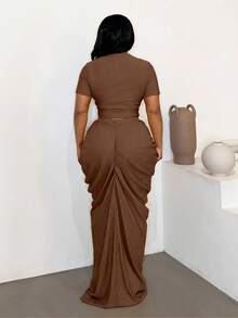 Maweii Plus Size Sexy Fitted Beach Ruched Skirt Set - Brown - View 5