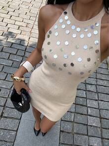 Selianne 女士优雅精致音乐节迷你性感吊带串珠紧身毛衣连衣裙 - 杏色 - 查看 1