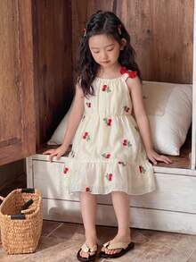 SHEIN Vestido sin mangas con bordado de lazo 3D y cereza, estilo dulce y lindo para niñas, nueva colección primavera/verano, adecuado para fiestas de cumpleaños, uso diario, vacaciones, ropa de primavera y verano para niñas - Albaricoque - Ver 2