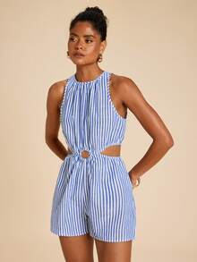 Travachic Bộ jumpsuit nữ không tay, khoét eo, kẻ sọc, thích hợp cho kỳ nghỉ, trang phục mùa hè cho phái nữ, jumpsuit mùa hè. - Xanh và trắng - Xem 2