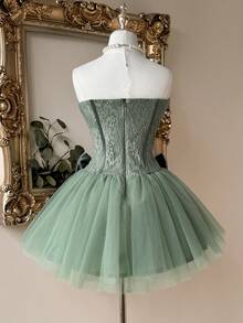 Lovelzi 优雅浪漫蕾丝网纱泡泡裙，无肩带束身胸衣，可拆卸蝴蝶结系带，可调节肩带，适合沙滩、假日派对、生日、毕业典礼、舞会、婚礼、鸡尾酒会等场合的女士礼服 - 橄欖綠 - 查看 2