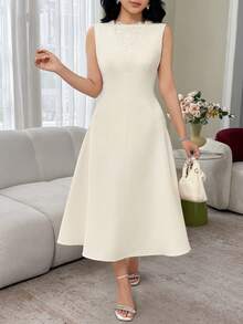 Feyla Damen Einfarbiges Kleid mit Kontrast-Spitze, elegantes ärmelloses Midi-Kleid - Aprikosenfarben - Übersicht 2