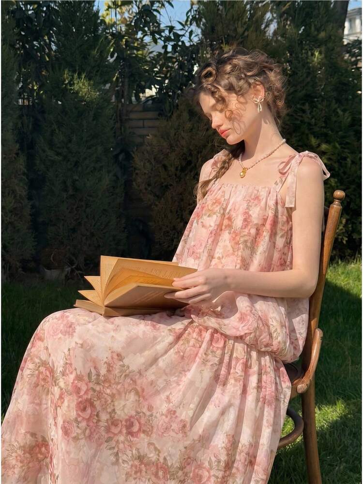 Women's Spring/Summer New Sleeveless Pink Rose Floral Bow Elegant Dress, Suitable For Vacation & Beach