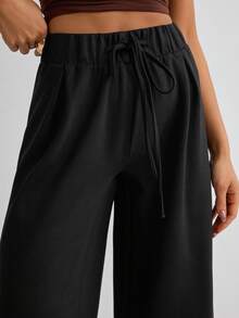 Women's Casual Solid Color Drawstring Waist Wide Leg Pants - Black - View 5