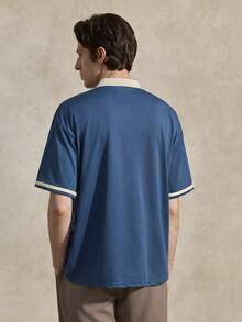 Courvante 男士寬鬆版型短袖拼色領字母印花 Polo 衫，半藍色，適合高爾夫、網球，學院風與男友風 - 藍色 - 查看 3
