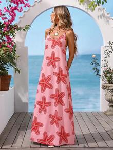 Vivid Eden 女士度假休闲海星印花露背吊带连衣裙 - 粉色 - 查看 2