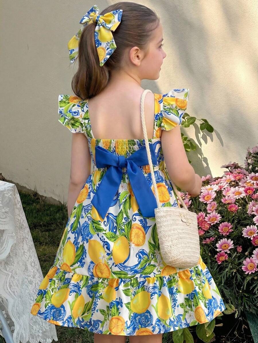 LMoss Kids 少女夏季时尚度假柠檬印花荷叶边短袖连衣裙 - 彩色 - 查看 1