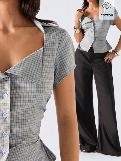 LYSMO 2026 Neue minimalistische Frühlings-/Sommer-Damenmode kariertes Hemd mit Gürtel, Sommerbluse, Blau