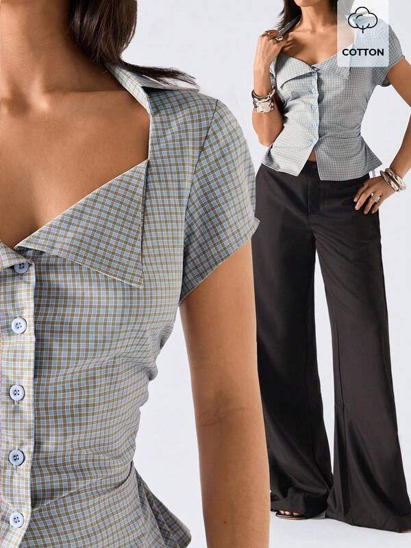 LYSMO 2026 New Minimalist Spring/Summer Women's Fashion Plaid Belted Shirt, Summer Blouse, Blue,Summer Top