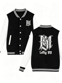 Chaqueta de béisbol de manga larga con estampado sencillo para uso diario, para otoño - Negro - Ver 1