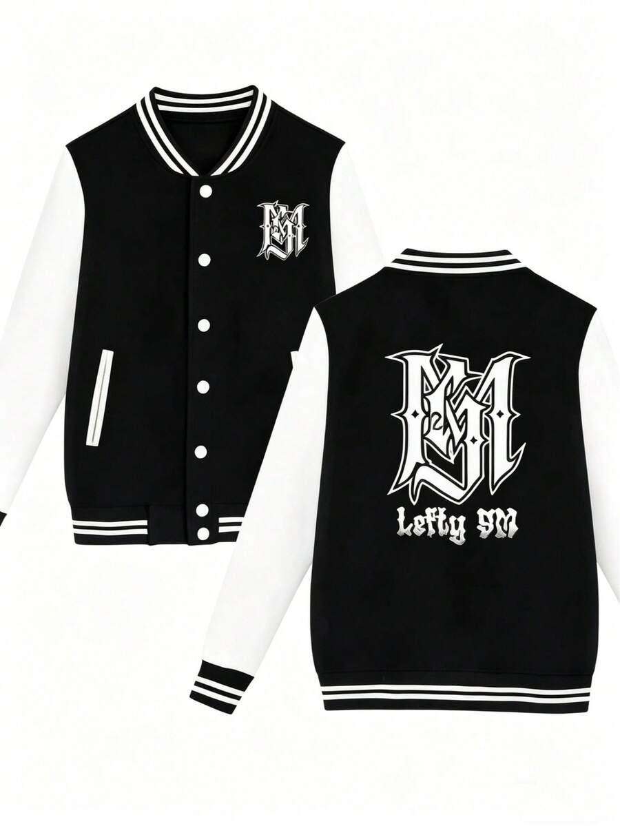 Chaqueta de béisbol de manga larga con estampado sencillo para uso diario, para otoño - Negro - Ver 1