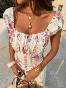 DAZY Ditsy Floral Tie-Waist Square Collar Petal Sleeve Elegant Summer Blouse For Women - Pink - View 2