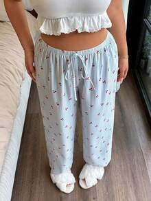 Napfluff CURVE Napfluff CURVE Plus Size Women Casual Comfortable Striped Cherry Print Drawstring Loose Straight Woven Pajama Pants - Baby Blue - View 6
