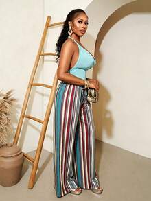 SHEIN VaVaLuxe Vibrant Multi-Stripe Drawstring Waist Wide-Leg Pants - Perfect For Vacation & Summer Outings - Aqua Blue - View 3