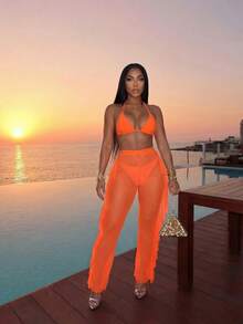 Slaydiva Bộ bikini gợi cảm cho kỳ nghỉ biển năm 2026 + Quần co giãn xếp ly độc đáo, Bộ 3 món gợi cảm, Bộ 3 món thanh lịch, Bộ 3 món cho kỳ nghỉ biển. - Màu Cam cháy - Xem 2