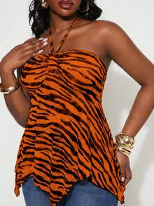 SHEIN SXY Plus Size Women Asymmetric Hem Zebra Print Halter Neck Tank Top - Orange - View 6