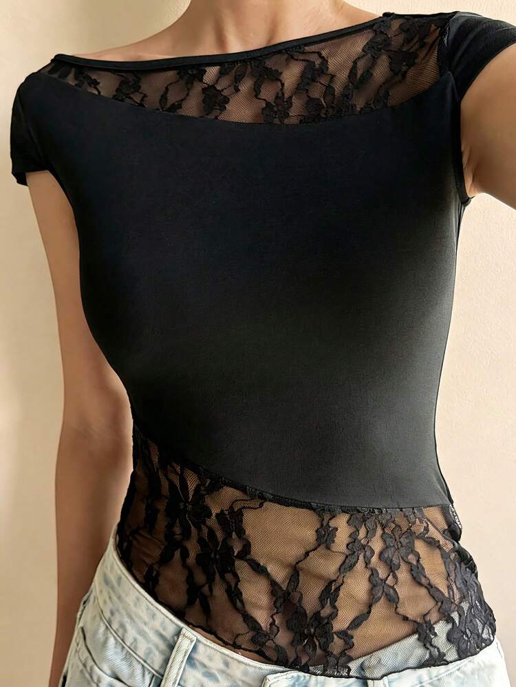 Women's Black Lace & Mesh Patchwork Tight Fitted T-Shirt, Suitable For Spring & Summer