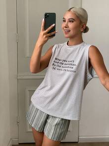 Livesso 2件套女士条纹无袖露脐上衣和短裤睡衣套装，夏季 - 彩色 - 查看 5